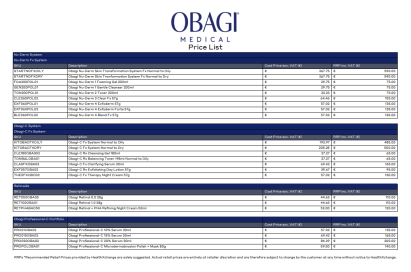 Obagi - Therapist Cost RRP - Euro