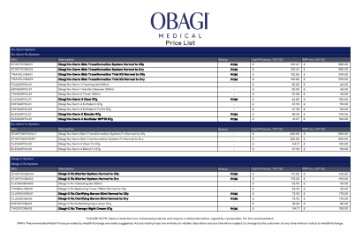 Obagi - Clinic Cost RRP - GPB