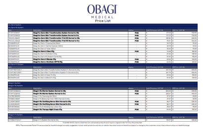 Obagi - Clinic Cost RRP - Euro