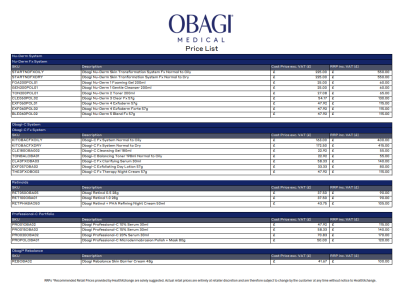 Obagi - Therapist Cost RRP - Euro